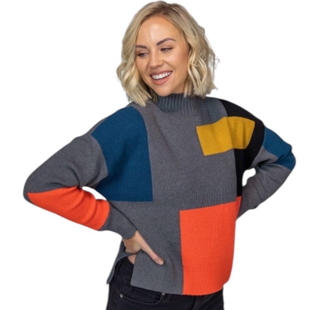 Roolee Abernathy ColorBlock Ribbed Sweater Mock Turtleneck Gray/Orange M